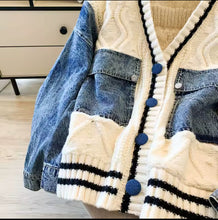 Load image into Gallery viewer, THE DENIM-PATCH CABLE KNIT CARDIGAN — IVORY/INDIGO- same day shipping