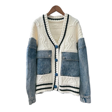 Load image into Gallery viewer, THE DENIM-PATCH CABLE KNIT CARDIGAN — IVORY/INDIGO- same day shipping