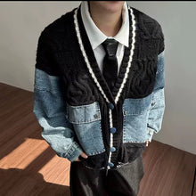 Load image into Gallery viewer, THE DENIM-PATCH CABLE KNIT CARDIGAN — IVORY/INDIGO- same day shipping