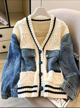 Load image into Gallery viewer, THE DENIM-PATCH CABLE KNIT CARDIGAN — IVORY/INDIGO- same day shipping