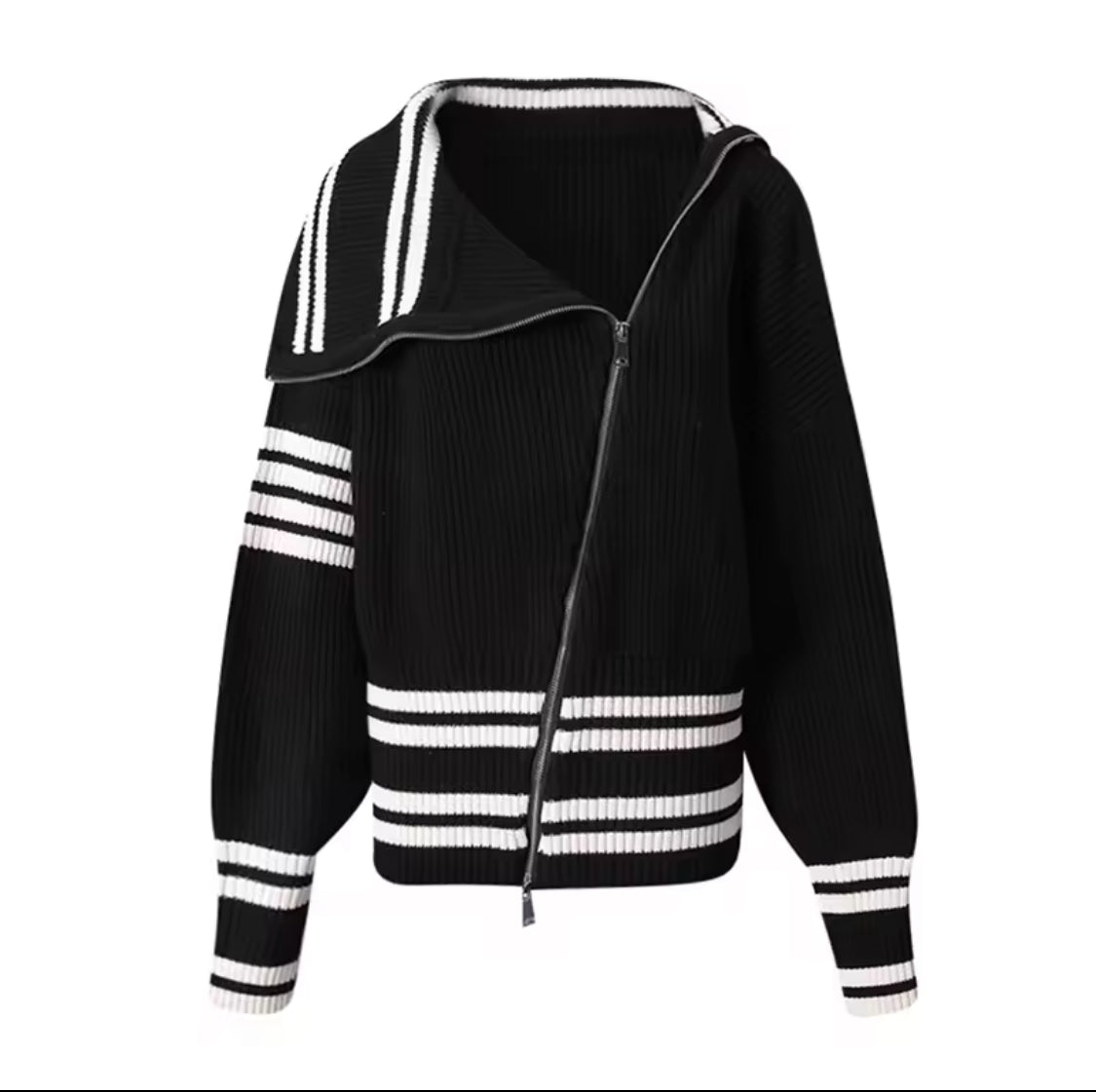THE ASYMMETRIC ZIP RIBBED SWEATER — BLACK/IVOR- Ship Same day