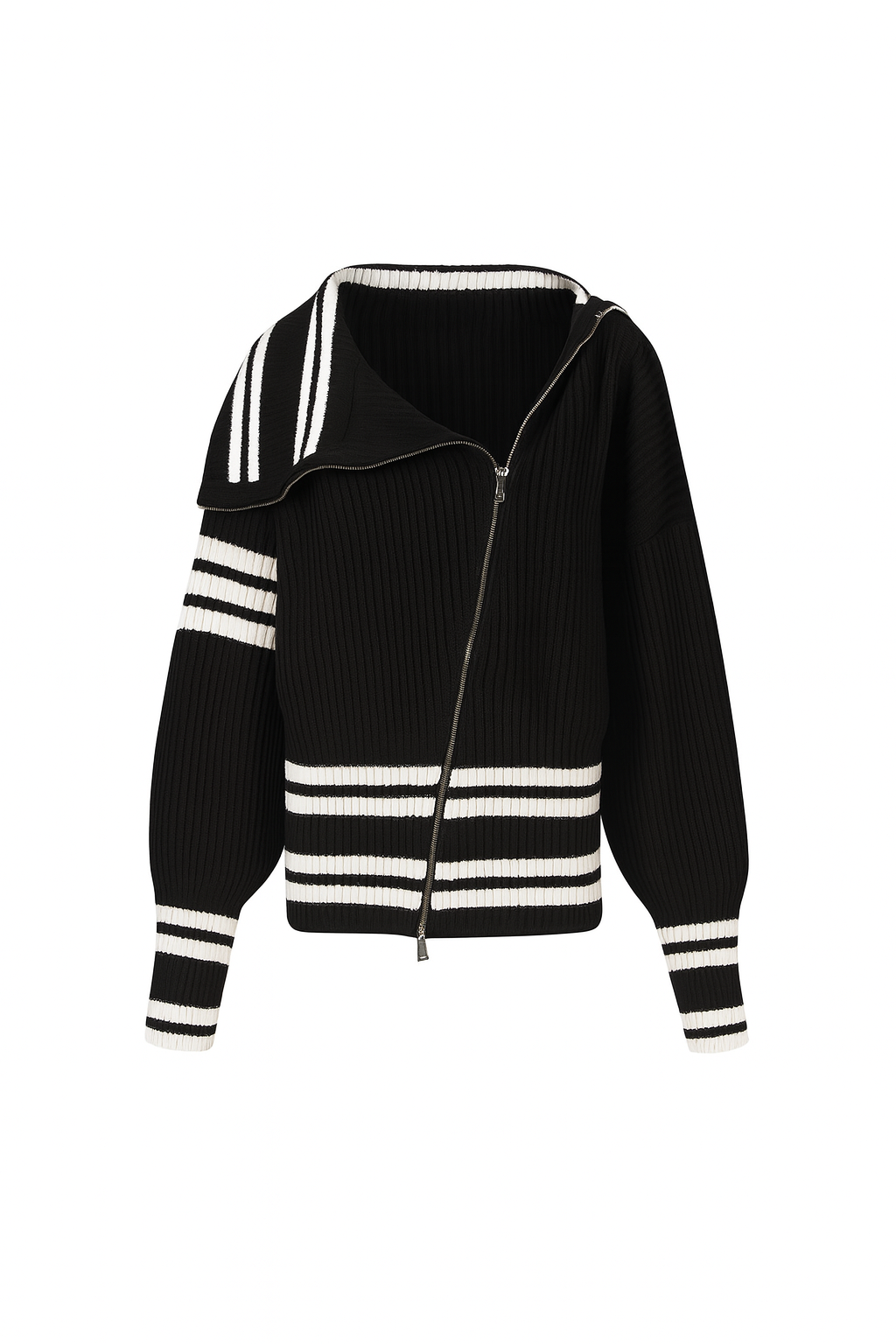 THE ASYMMETRIC ZIP RIBBED SWEATER — BLACK/IVOR- Ship Same day
