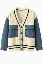 Load image into Gallery viewer, THE DENIM-PATCH CABLE KNIT CARDIGAN — IVORY/INDIGO- same day shipping
