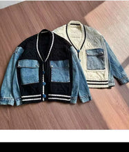 Load image into Gallery viewer, THE DENIM-PATCH CABLE KNIT CARDIGAN — IVORY/INDIGO- same day shipping
